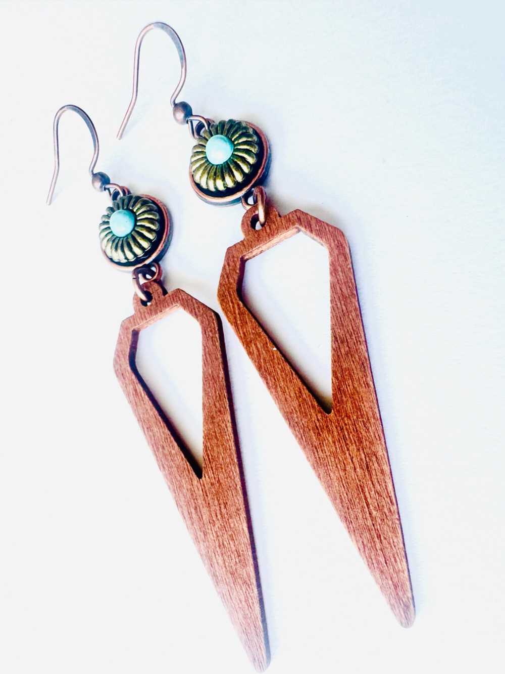 Long Brown Balsa Wood, Copper & Turquoise Earrings - Just look at the details!